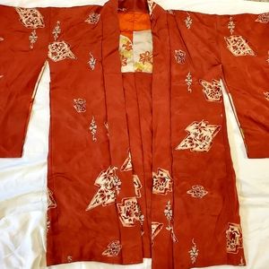 Kimono  handmade vintage material  in red tan and orange fits med- xl
